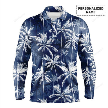 FUNSTUFFPRINT Tropical Background Long Sleeve Polo Shirt Customized Name Blue Watercolor Palms Men Apparel