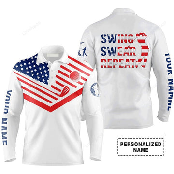 FUNSTUFFPRINT Custom Golf Long Sleeve Men Polo Shirt- American Flag 4th July , Swing Swear Repeat Men Polo Shirt