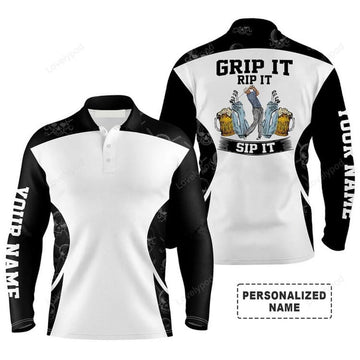 FUNSTUFFPRINT Custom Golf Long Sleeve Men Polo Shirt - Beer And Golf Men Polo Shirt, Grip It Rip It Sip It Men Polo Shirt