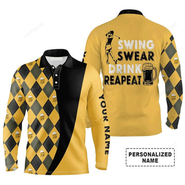 FUNSTUFFPRINT Custom Golf Long Sleeve Men Polo Shirt - Beer And Golf Men Polo Shirt, Swing Swear Drink Repeat Polo Shirt