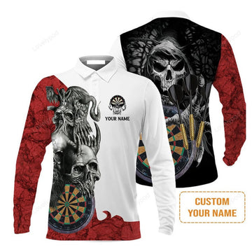 FUNSTUFFPRINT Darts Custom Name Men'S Long Sleeve Polo Shirt, Dartboard Skull Personalized Long Sleeve Polo Shirt