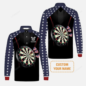 FUNSTUFFPRINT Personalised Darts Men'S Long Sleeve Polo Shirt, Darts American Flag Black Background Custom Name Men'S Long Sleeve Polo Shirt