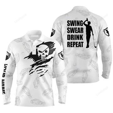 FUNSTUFFPRINT Custom Golf Long Sleeve Men Polo Shirt- Custom Name Skull - Swing Swear Drink Repeat Men Polo Shirt