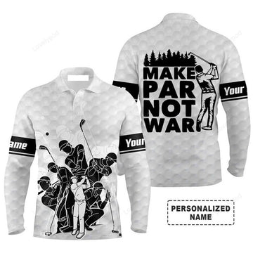 FUNSTUFFPRINT Custom Golf Long Sleeve Men Polo Shirt - Team Golfing White Apparel, Make Par Not War Golf Men Polo Shirt