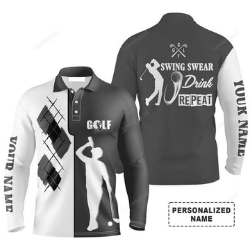 FUNSTUFFPRINT Custom Golf Long Sleeve Men Polo Shirt - Custom Name Black White Apparel, Swing Swear Drink Repeat