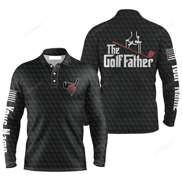 FUNSTUFFPRINT Custom Golf Long Sleeve Men Polo Shirt, Custom Name Black Golf Ball Pattern Apparel, The Golf Father