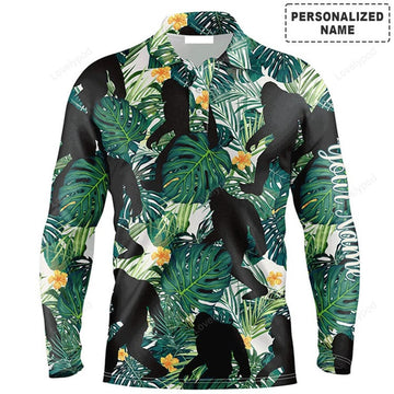 FUNSTUFFPRINT Custom Golf Long Sleeve Men Polo Shirt, Funny Bigfoot Men Polo Shirt, Custom Name Green Tropical Leaves