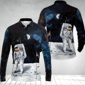 FUNSTUFFPRINT Golf Long Polo Shirt - Astronaut Moon Golf Men Polo Shirt, American Flag Long Polo Shirt