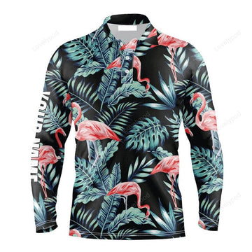 FUNSTUFFPRINT Custom Golf Long Sleeve Men Polo Shirt - Blue Forest Jungle Pattern Pink Flamingo Custom Name Apparel Men Polo Shirt