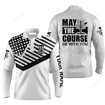 FUNSTUFFPRINT Custom Golf Long Sleeve Men Polo Shirt- Custom Name Black White US Flag Apparel, May The Course Be With You Men Polo Shirt