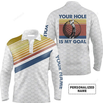 FUNSTUFFPRINT Custom Golf Long Sleeve Men Polo Shirt, Vintage Golf Balls, Your Hole Is My Goal Men Golf Polo Shirt