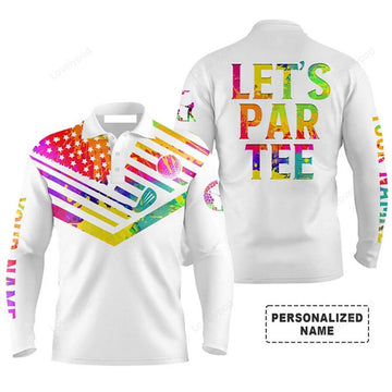 FUNSTUFFPRINT Golf Long Sleeve Men Polo Shirt - Watercolor American Flag Patriot Custom Name White Apparel, Let’s Par Tee
