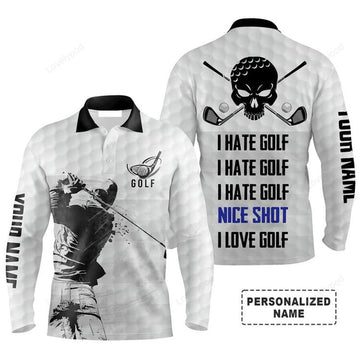 FUNSTUFFPRINT Custom Golf Long Sleeve Men Polo Shirt - Custom Name Skull,I Hate Golf Nice Shot I Love Golf Men Polo Shirt