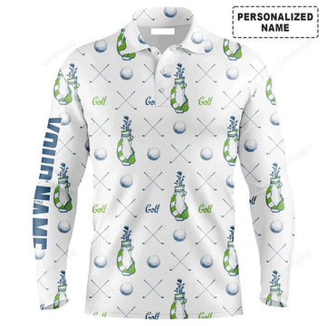 FUNSTUFFPRINT Custom Golf Long Sleeve Men Polo Shirt, Custom Name Golf bags Pattern Apparel Men Golf Polo Shirt