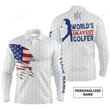 FUNSTUFFPRINT Custom Golf Long Sleeve Men Polo Shirt- Custom Name White American Flag Apparel, World's Okayest