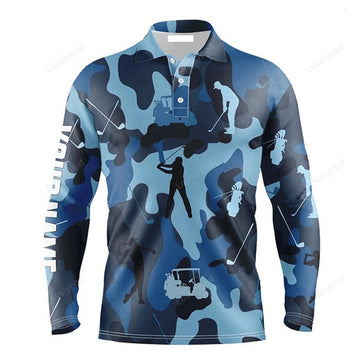 FUNSTUFFPRINT Custom Golf Long Sleeve Men Polo Shirt Blue Camo Custom Name Apparel Men Polo Shirt