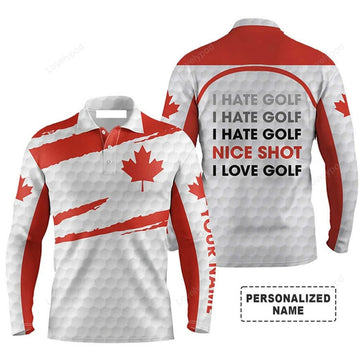 FUNSTUFFPRINT Custom Golf Long Sleeve Men Polo Shirt Canada Flag Pattern Custom Name Apparel I Hate Golf Nice Shot I Love Golf Men Golf Polo Shirt