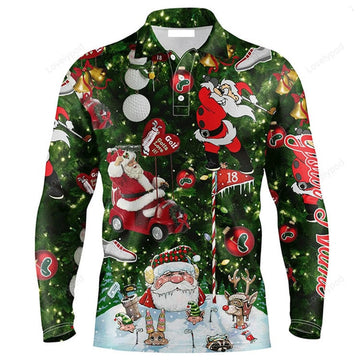 FUNSTUFFPRINT Custom Golf Long Sleeve Men Polo Shirt Funny Christmas Golf Custom Name Santa Golfer Christmas Gifts