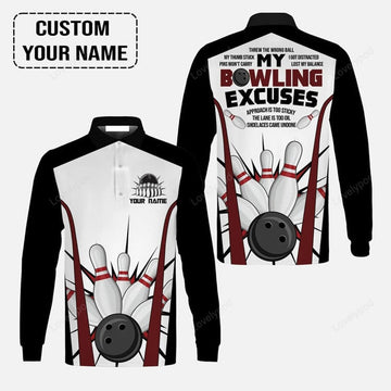 FUNSTUFFPRINT Bowling Custom Long Sleeve Men Polo Shirt Custom Name Funny Mens Polo Bowling Personalized Bowling Polo Shirt