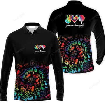 FUNSTUFFPRINT Golf Long Sleeve Men Polo Shirt Custom Name Watercolor Peace Love Golf Golf Icon Personalized Polo Shirt