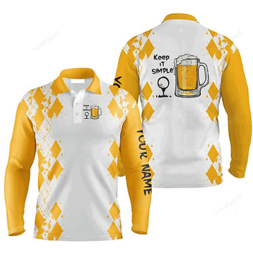 FUNSTUFFPRINT Custom Golf Long Sleeve Men Polo Shirt Custom Name White Yellow Argyle Pattern Apparel Keep It Simple Golf Polo Shirt