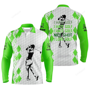 FUNSTUFFPRINT Custom Golf Long Sleeve Men Polo Shirt Green White Apparel I Hate Golf Nice Shot I Love Golf