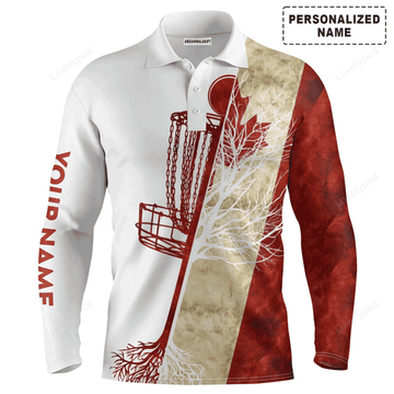 FUNSTUFFPRINT Custom Disc Golf Long Sleeve Men Polo Shirt Custom Name Canada Flag Disc Golf Basket Apparel Men Polo Shirt