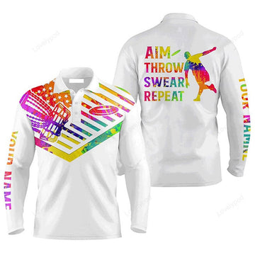 FUNSTUFFPRINT Custom Golf Long Sleeve Men Polo Shirt Custom Name Watercolor American Flag Apparel