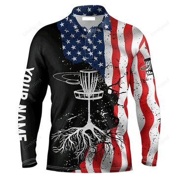 FUNSTUFFPRINT Custom Golf Long Sleeve Men Polo Shirt Custom Name Vintage American Flag Apparel