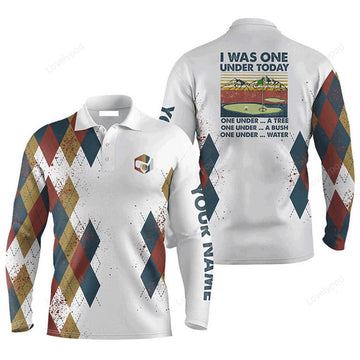 FUNSTUFFPRINT Custom Golf Long Sleeve Men Polo Shirt I Was One Under Today One Under A Tree Bush And Water Golf Men Polo Shirt