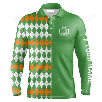 FUNSTUFFPRINT Custom Golf Long Sleeve Men Polo Shirt St Patricks Day Green Argyle Plaid Pattern Custom Name Apparel Men Polo Shirt