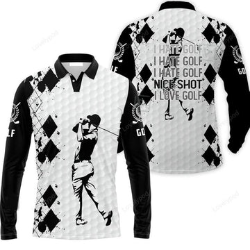 FUNSTUFFPRINT Golf Men Long Polo Shirt I Hate Golf Nice Shot I Love Golf Long Polo Shirt
