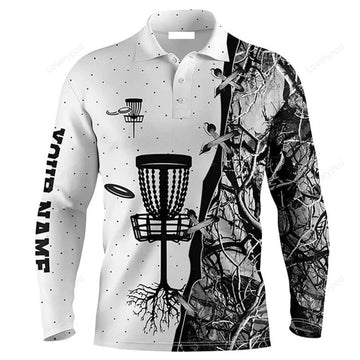 FUNSTUFFPRINT Custom Disc Golf Long Sleeve Men Polo Shirt - Custom Name Blue Black Camo Disc Golf Basket Appare