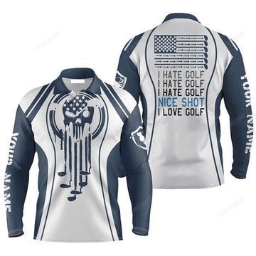 FUNSTUFFPRINT Custom Golf Long Sleeve Men Polo Shirt Custom Name Skull Blue White Apparel I Hate Golf Nice Shot I Love Golf