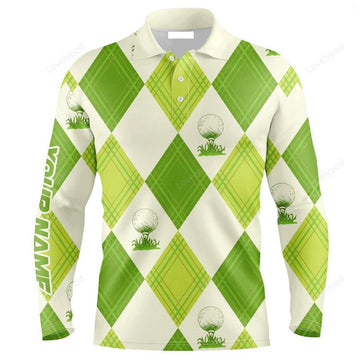 FUNSTUFFPRINT Custom Golf Long Sleeve Men Polo Shirt Custom Name Green Argyle Pattern Apparel