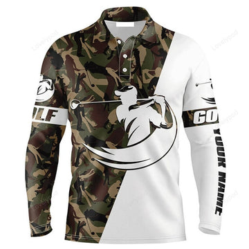 FUNSTUFFPRINT Custom Golf Long Sleeve Men Polo Shirt Custom Name White And Camo Apparel