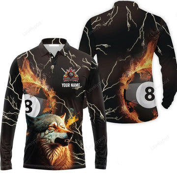 FUNSTUFFPRINT Custom Billiard Men Long Polo Shirt Wolf On Fire Billiard Pool 8 Balls Personalized Name