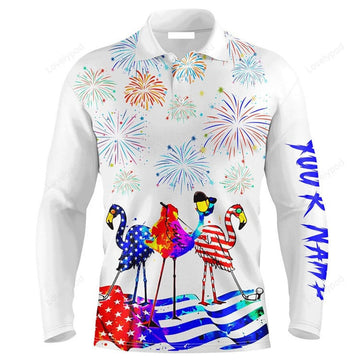 FUNSTUFFPRINT Custom Golf Long Sleeve Men Polo Shirt Custom Name Funny Red White Blue Flamingo American Flag