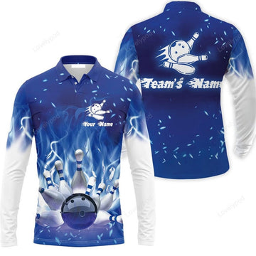 FUNSTUFFPRINT Bowling Long Polo Shirt Custom Name Bowling On Blue Fire Personalized Bowling Long Polo Shirt