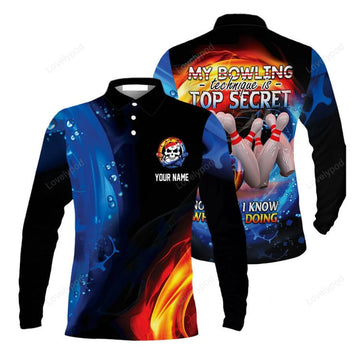 FUNSTUFFPRINT Customized Name Bowling Men Polo Shirt My Bowling Technique Is Top Secret Personalized Bowling Polo Shirt