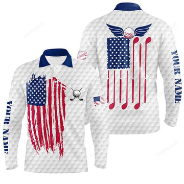 FUNSTUFFPRINT Red White And Blue Men Golf Long Sleeve Polo Shirts Custom Golf Clubs American Flag Patriotic Men Golf Shirt