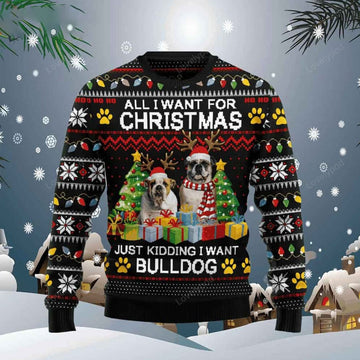 FUNSTUFFPRINT All I Want For Christmas Is Bulldog Ugly Christmas Sweater, Men Christmas sweater ugly, Christmas gift for Dog lover Ugly Sweater