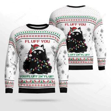 FUNSTUFFPRINT Black Cat Fluff You Ugly Christmas Sweater for men and women, Black Cat shirts, Ugly Sweater Christmas Gift Ugly Sweater