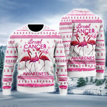 FUNSTUFFPRINT Flamingo Ugly Sweater, Flamingo Breast Cancer Awareness Ugly Sweater For Men & Women, Gift For Christmas Ugly Sweater