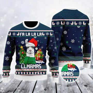 FUNSTUFFPRINT Christmas Alpaca Ugly Sweater, Falalala Llmamas Ugly Sweater, Funny Alpaca Pattern Blue Sweater For Men & Women Ugly Sweater
