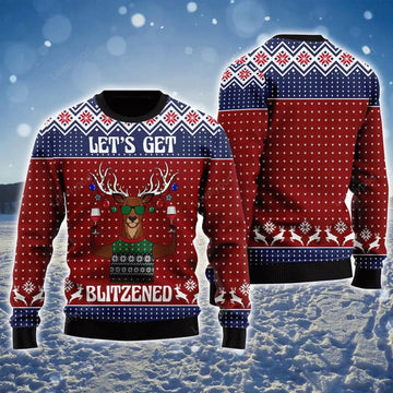 FUNSTUFFPRINT Reindeer Ugly Sweater, Lets Get Blitzened Ugly Sweater, Funny Reindeer Pattern Brown Sweater For Men & Women Ugly Sweater