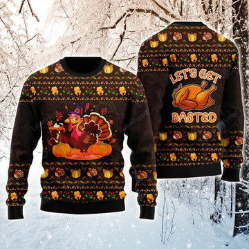 FUNSTUFFPRINT Thanksgiving Ugly Sweater, Lets Get Basted Turkey Ugly Sweater, Funny Chicken Pattern Brown Sweater Ugly Sweater