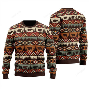 FUNSTUFFPRINT Brown Tribal Bear And Fir Tree Sweater, Ugly Christmas Sweater For Men & Women Ugly Sweater