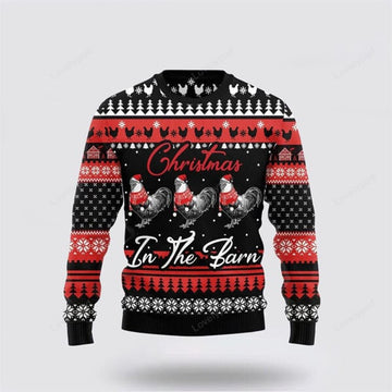 FUNSTUFFPRINT Chicken In The Barn Ugly Christmas Sweater For Men And Women, Farm Ugly Sweater Ugly Sweater