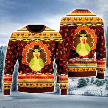 FUNSTUFFPRINT Chicken Ugly Sweater, Happy Thanksgiving Brown Ugly Sweater For Men & Women, Perfect Gift For Thanksgiving Ugly Sweater